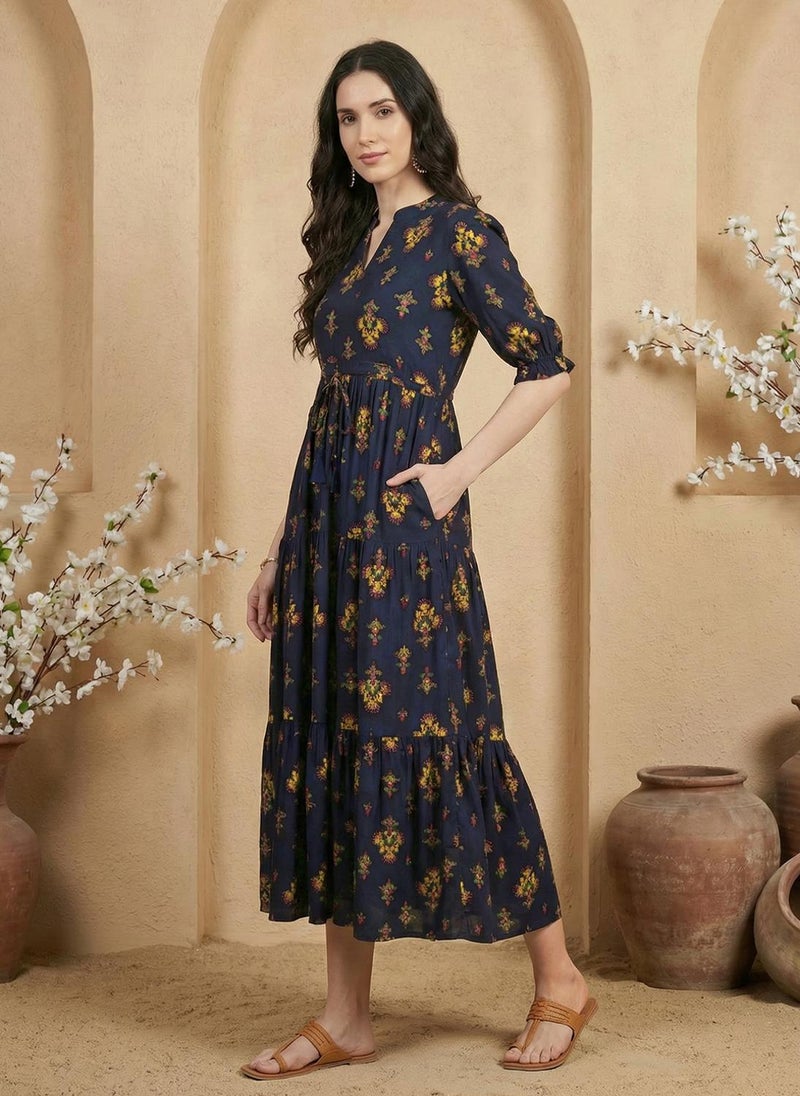Globus Women Navy Blue Tiered Midi Fusion Dress with Mandarin Collar Puff Sleeves and Tie-Up Detail - Image 3